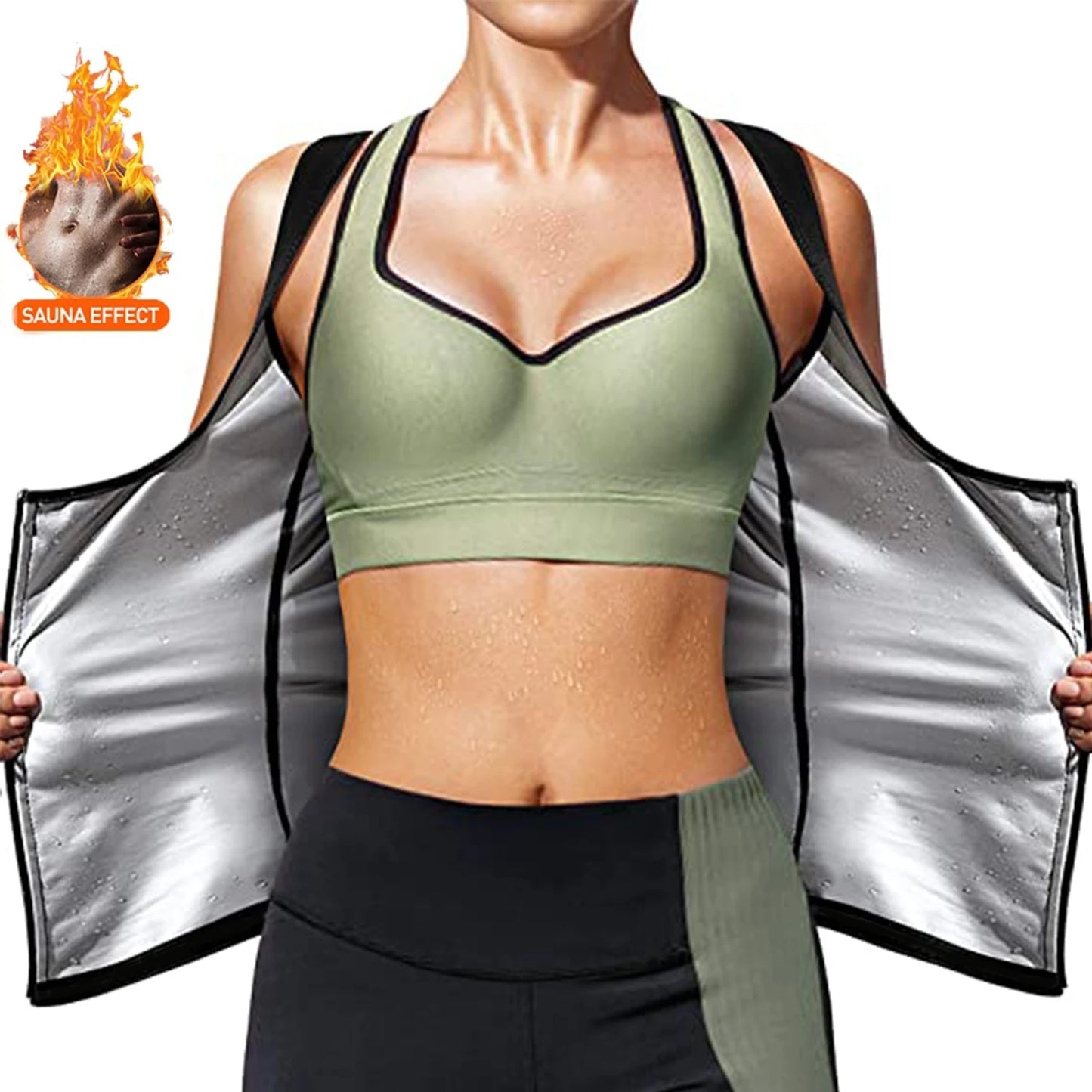 Women's sauna shaper vest showing sauna effect and sweat during a workout.