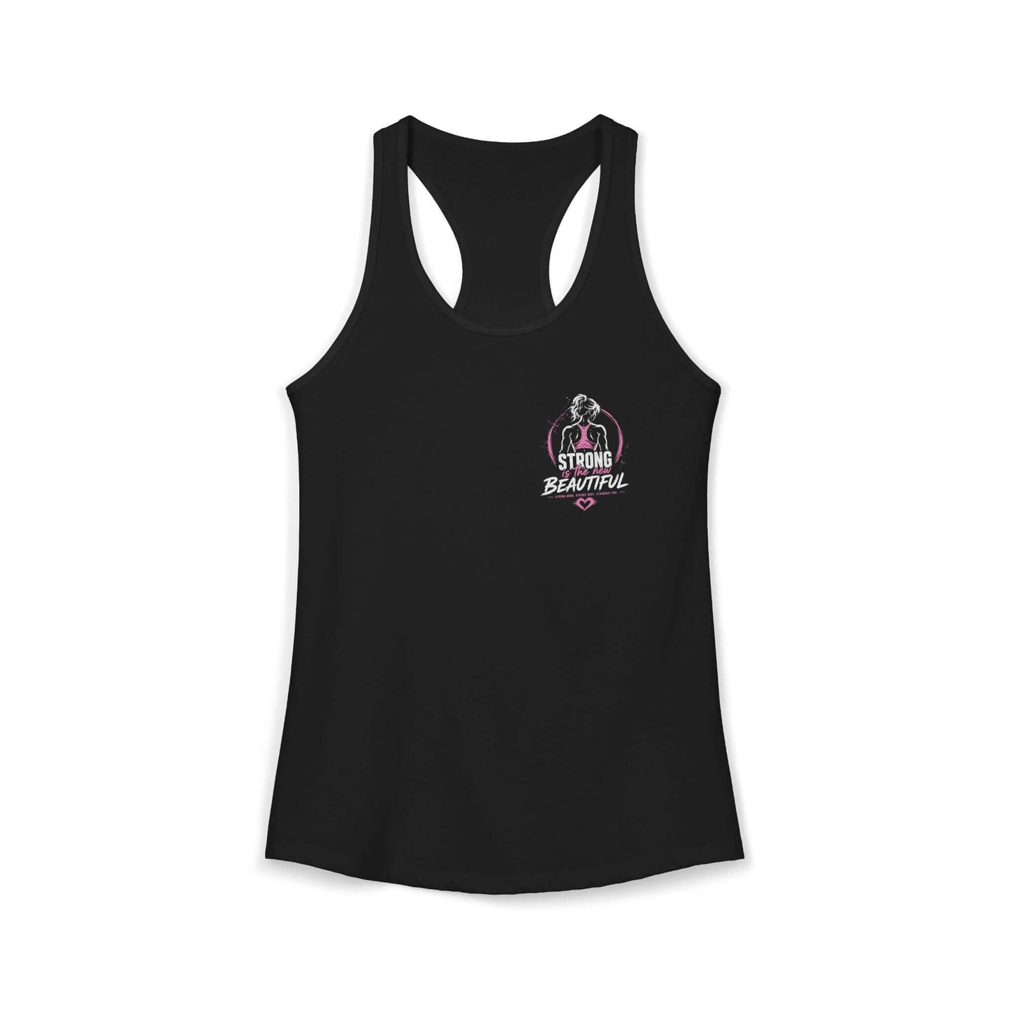 Women's racerback tank top in solid black with 'Strong Beautiful' graphic