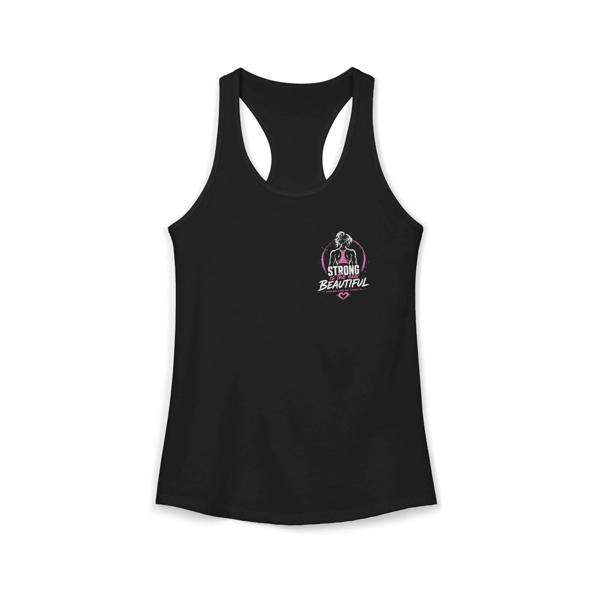 Women's Qwik-Fit Racerback Workout Tank in Solid Black with 'Strong Beautiful' design, ideal for gym and activewear.