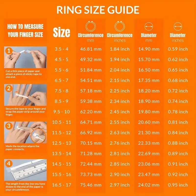 Ring size guide for measuring finger size for stainless steel fitness tracker ring sizing.