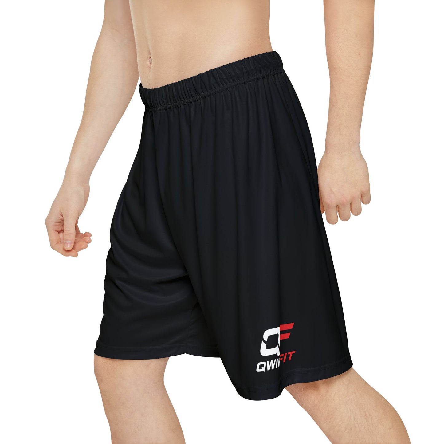All-over print Qwik-Fit men's athletic shorts with breathable fabric and logo design for comfortable sportswear.
