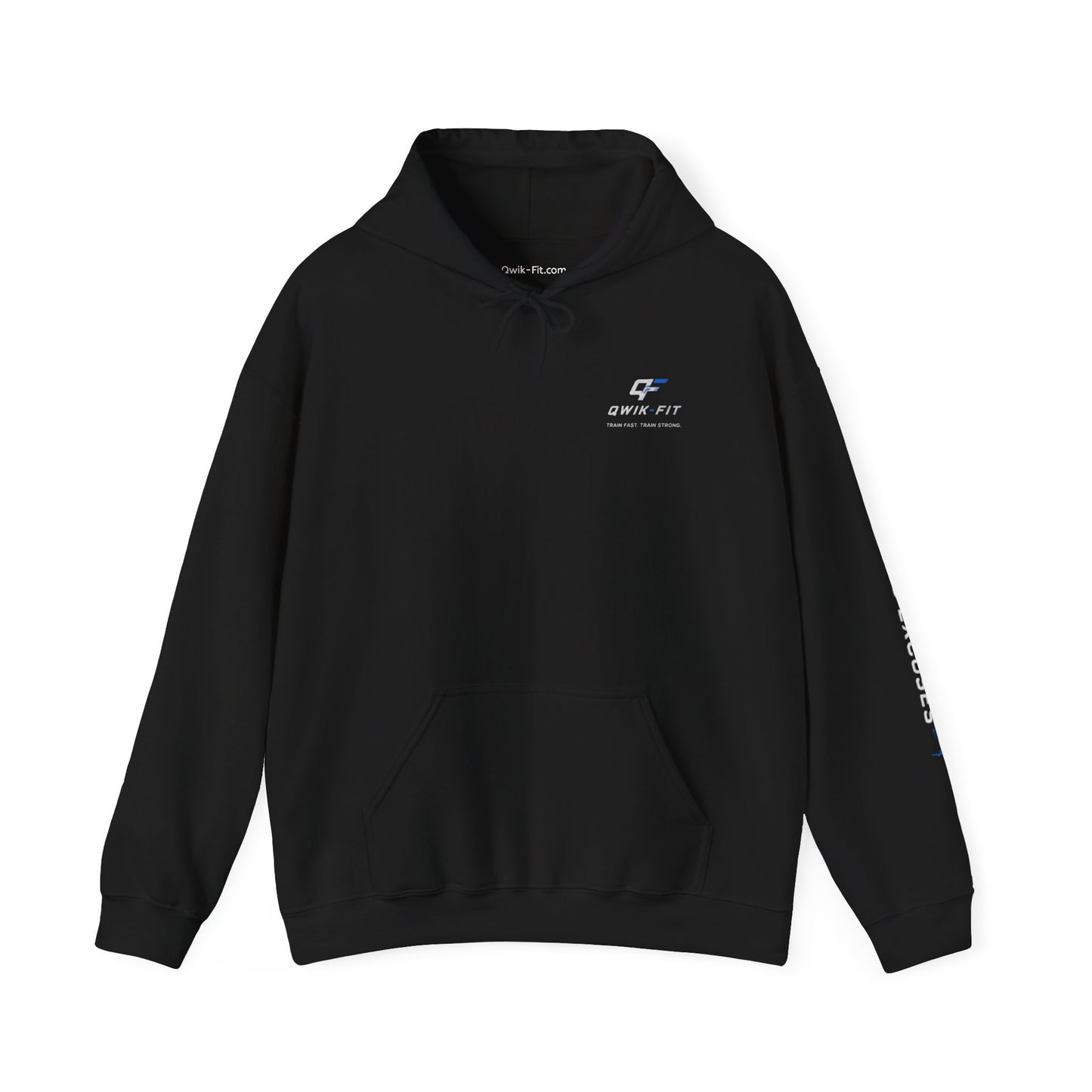 Qwik-Fit Gym Hoodie with barbell logo, black fitness hoodie for workout and casual wear, printed by Printify.
