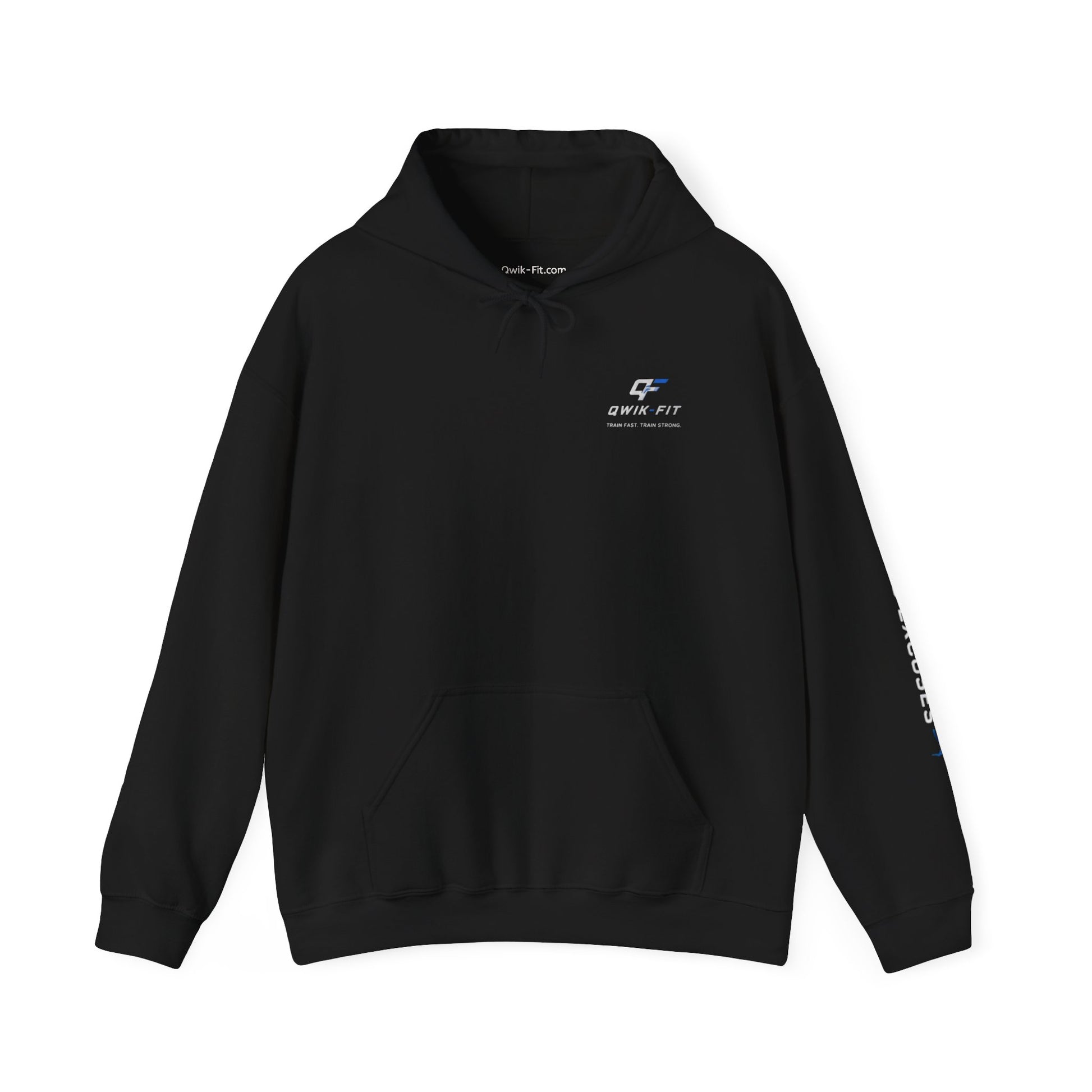 Qwik-Fit Gym Hoodie with barbell logo, black fitness hoodie for workout and casual wear, printed by Printify.