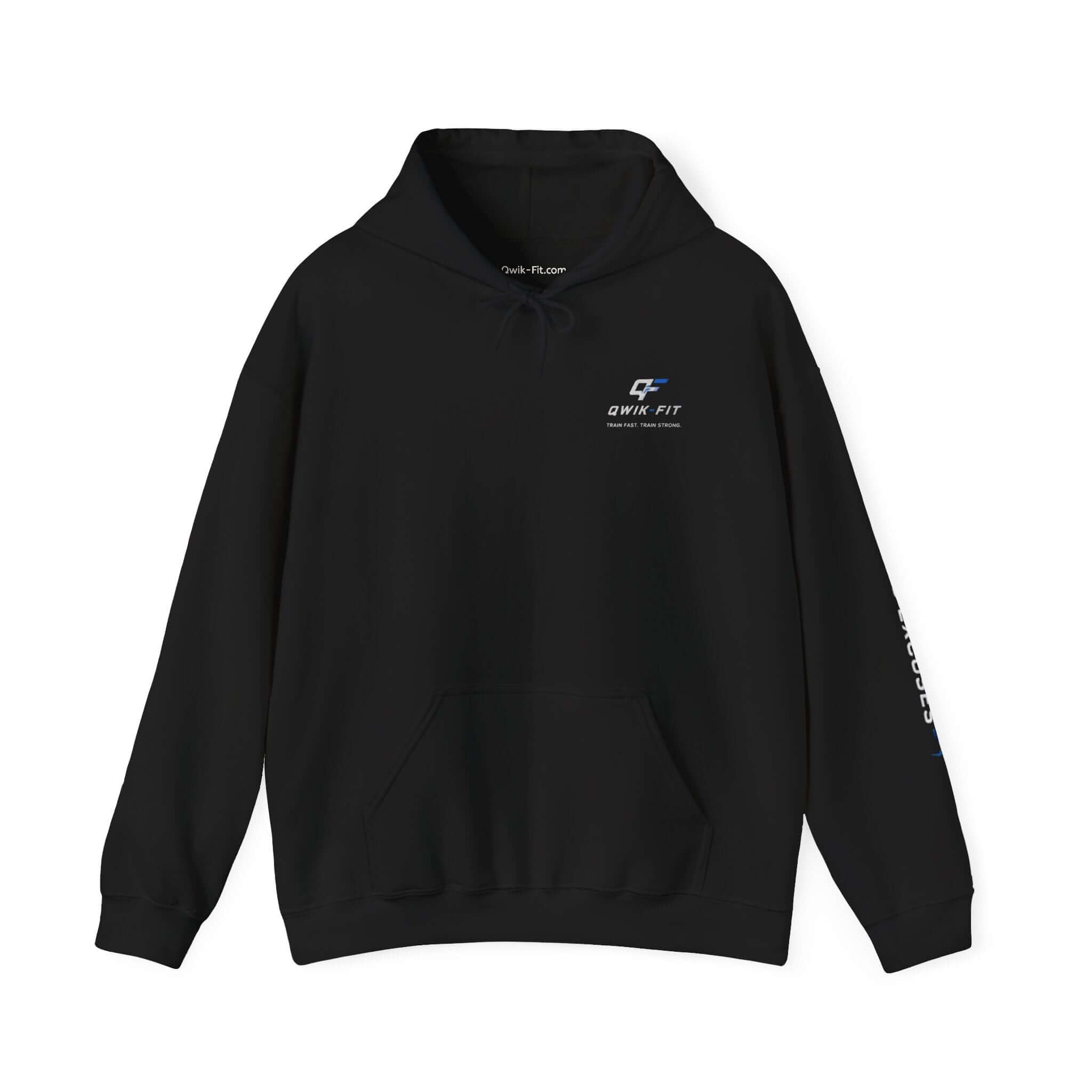 Qwik-Fit fitness hoodie in black color with a barbell logo, perfect for gym, training, and casual wear.