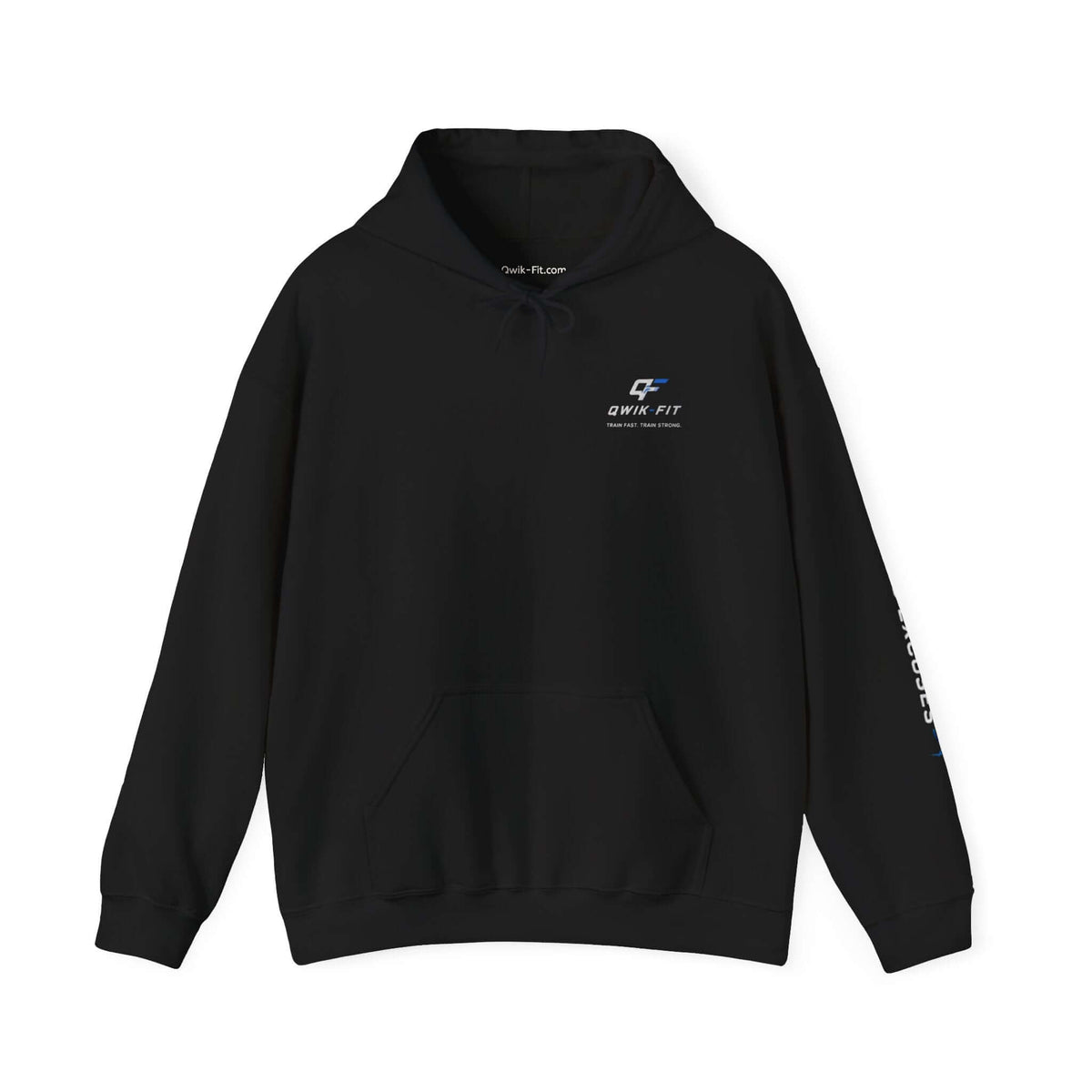 Qwik-Fit fitness hoodie in black color with a barbell logo, perfect for gym, training, and casual wear.