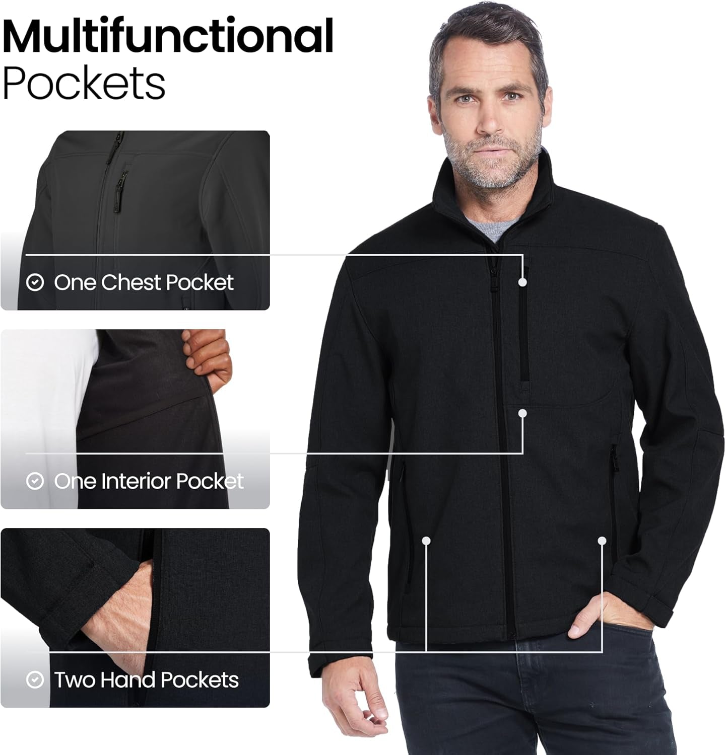 Weatherproof men's softshell jacket, lightweight wind and water-resistant outdoor coat with breathable fabric, shown in black.
