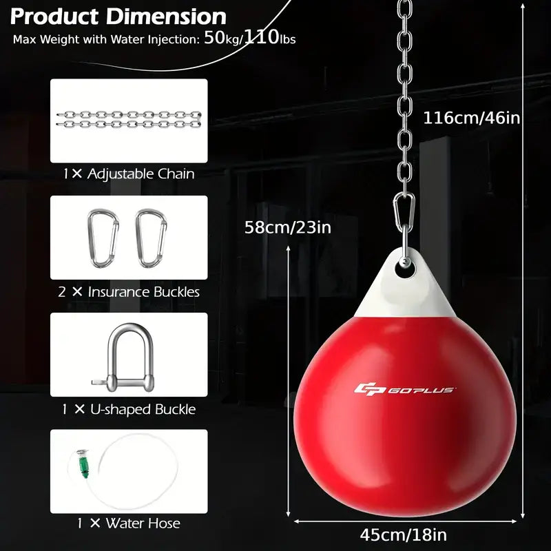 Dimensions and accessories for the 50Kg heavy-duty water punching bag, including adjustable chain, buckles, and water hose.