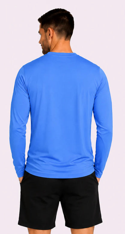 Back view of men's cooling long sleeve t-shirt in blue, perfect for athletic activities and keeping cool during workouts.