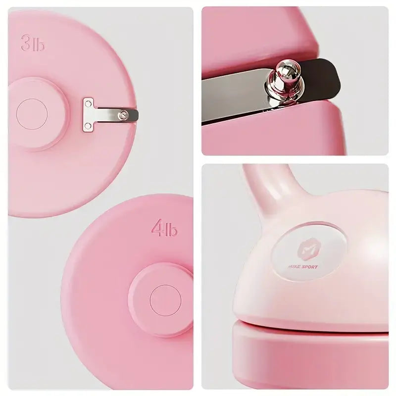 Close-up of pink adjustable 12lb kettlebell for home workouts showing weight settings and design features.