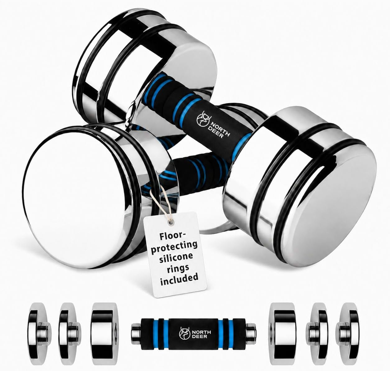 Northdeer adjustable steel dumbbells with foam handles in various sizes, suitable for home gym workouts.