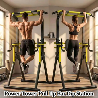 Fitness Essentials Saveyour Power Tower pull-up bar with adjustable height, foldable design, and heavy-duty construction for home gym workouts.