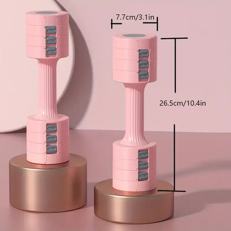 Adjustable pink dumbbells set displayed on a pedestal with dimensions for home workout use.
