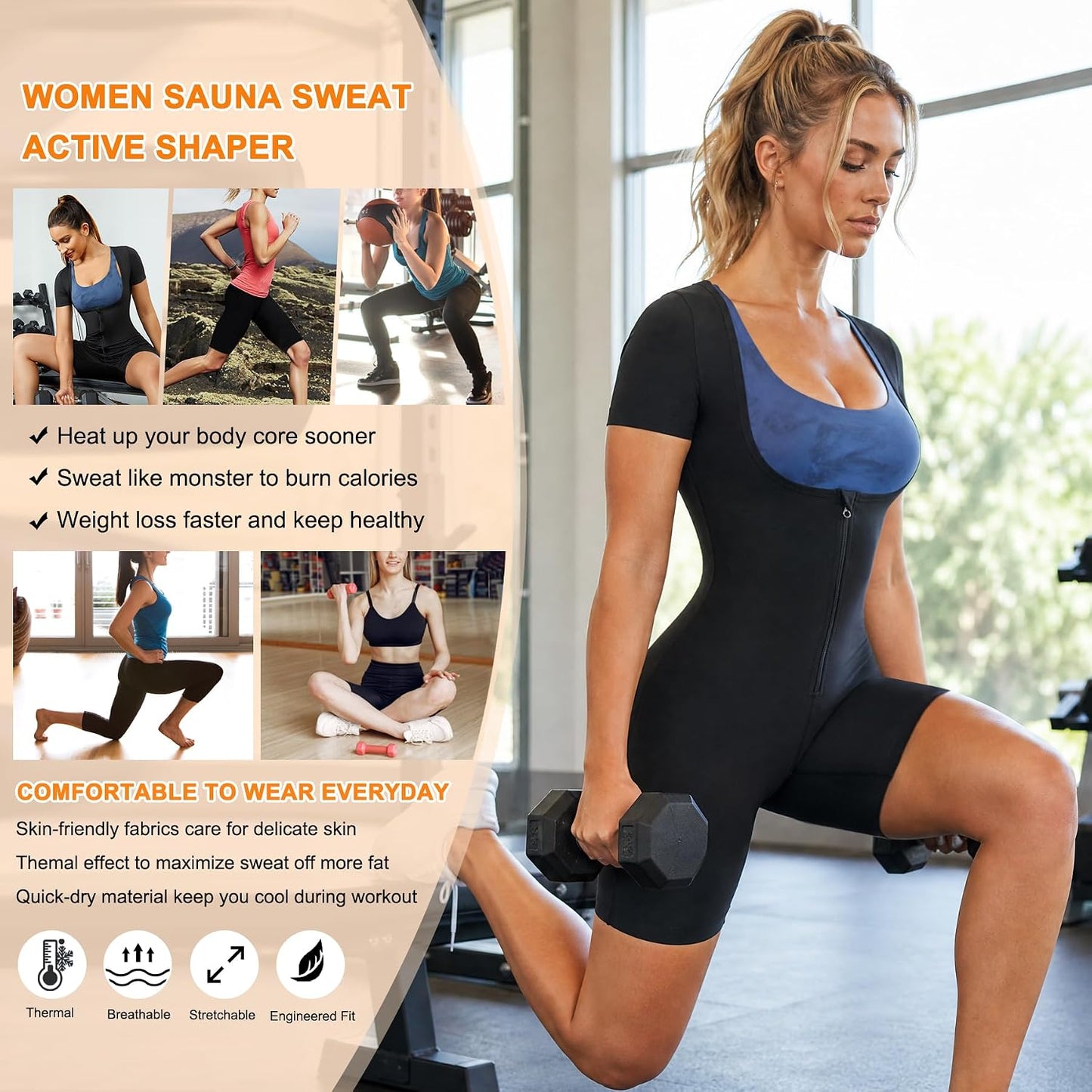 URSEXYLY Women's Sauna Suit - 3 in 1 Sweat Vest & Waist Trainer for Ultimate Slimming & Shaping with Sleeves & Shorts