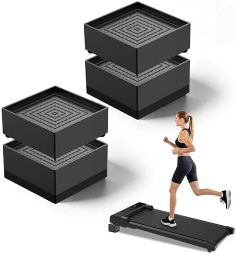 Adjustable treadmill incline risers shown with a woman running on a treadmill, providing stability and support.