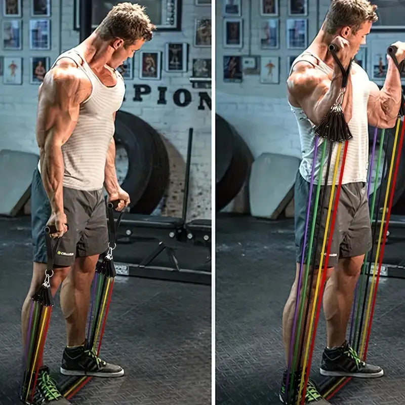 Man demonstrating the 11pcs TPE resistance fitness set exercises for strength training.