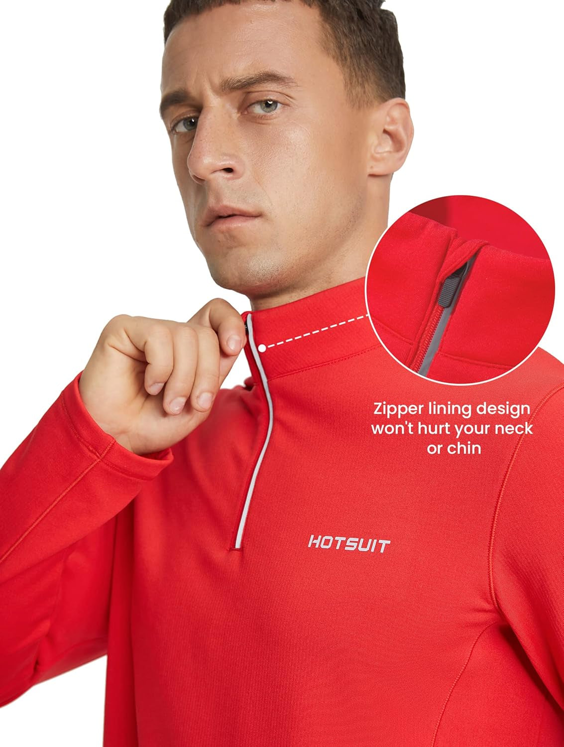 HOTSUIT men's quarter zip running shirt with fleece, long sleeve, lightweight, quick-dry fabric, and reflective details.