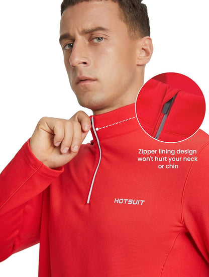 HOTSUIT men's quarter zip running shirt with fleece, long sleeve, lightweight, quick-dry fabric, and reflective details.