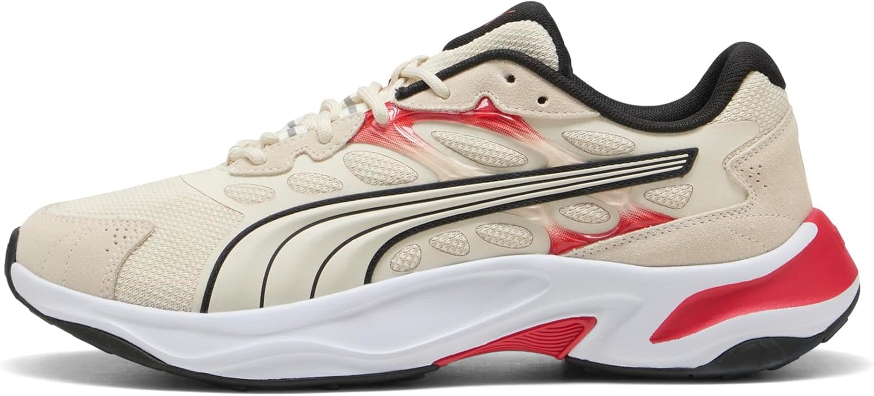 PUMA men's Insphere running shoes in black and white with breathable mesh upper and cushioned sole.
