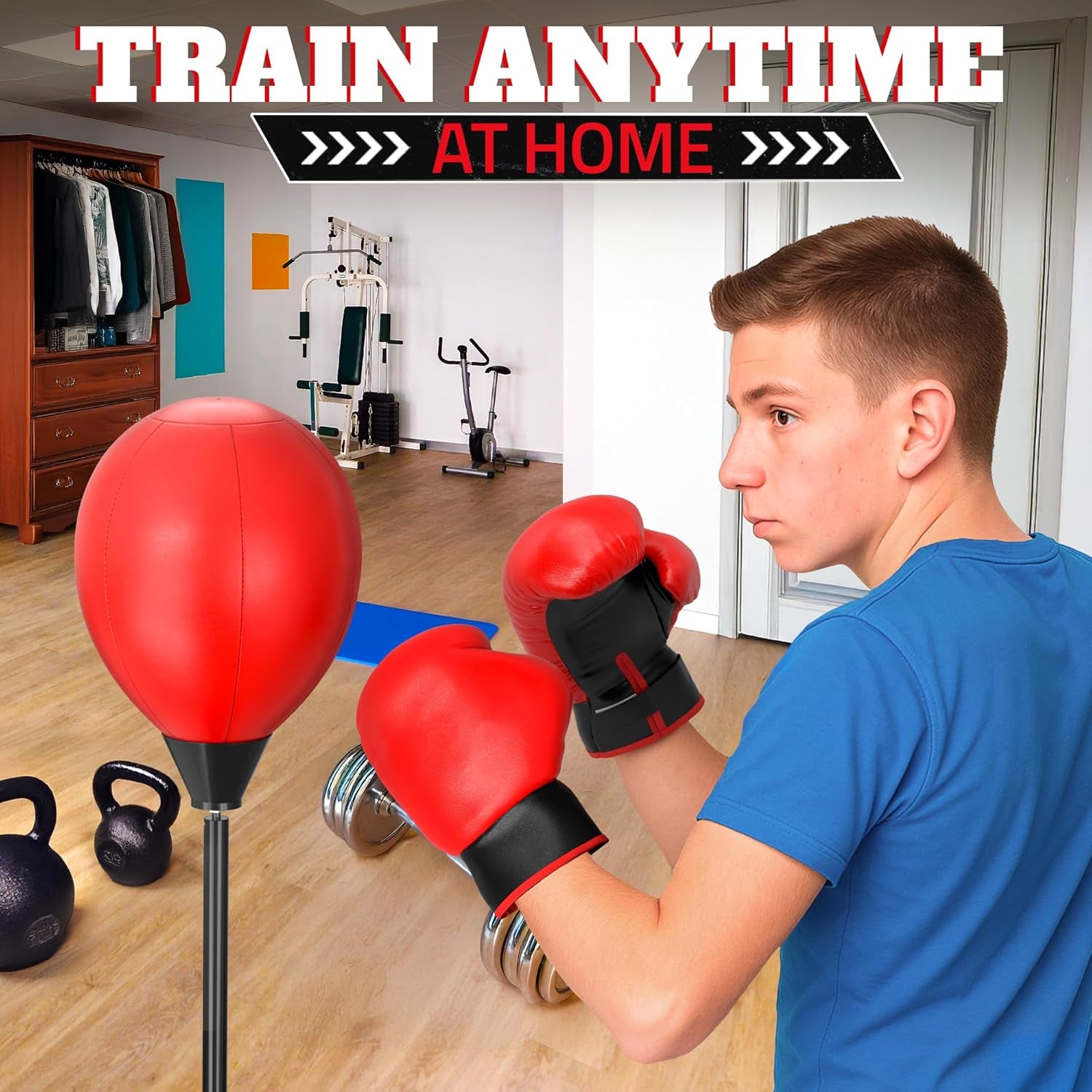 Adjustable Youth Punching Bag with Stand for Teens & Adults – 58" Reflex Boxing Training Set with Gloves & Pump, Standing Boxing Equipment for Beginner Training, Sports Gift for Home Fitness Training