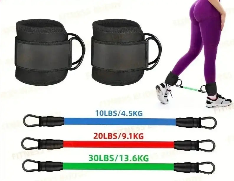 Image of 5pcs TPE ankle resistance bands for leg training with ankle straps and three resistance levels on display.