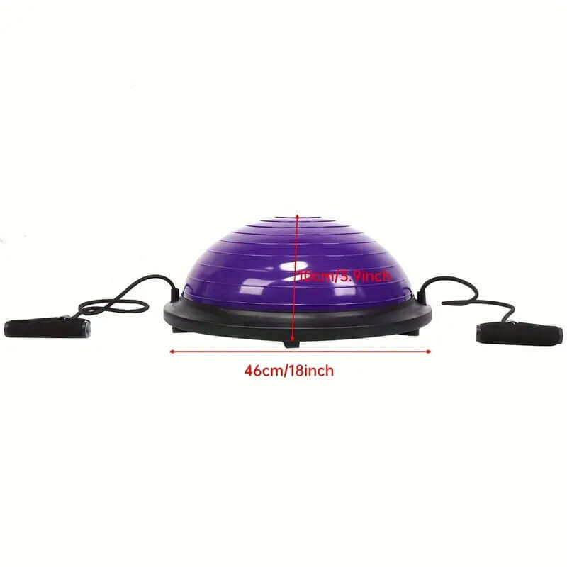 Purple half balance ball exercise equipment with pump and band for home workouts.