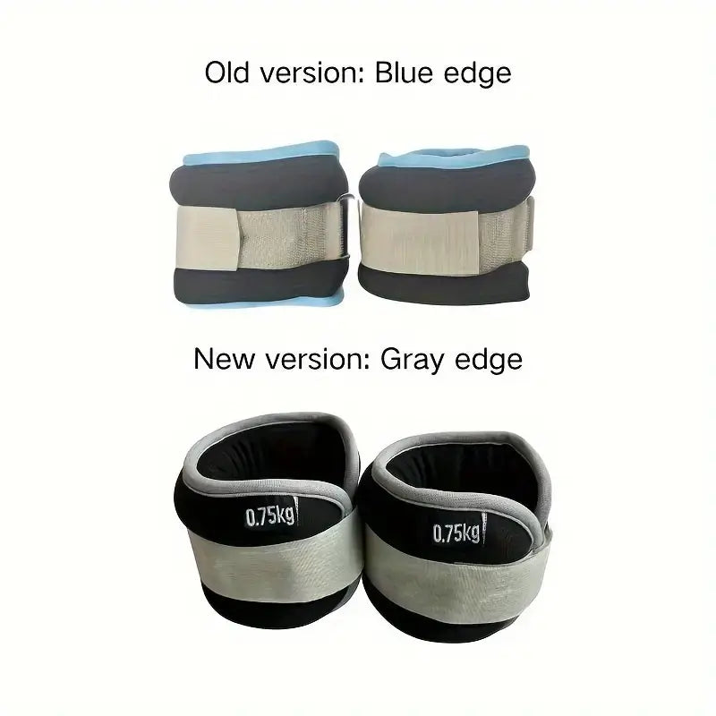 Comparison of old and new 0.75kg strength training ankle weights with blue and gray edges.