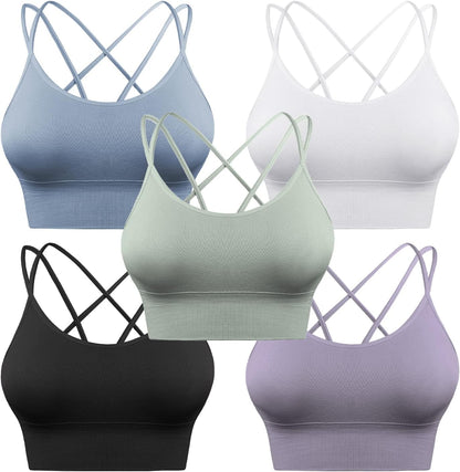 Sykooria 3-pack women's strappy sports bras with crisscross design, ideal for yoga, running, and gym workouts.