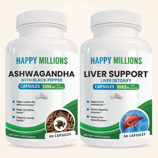 Ashwagandha WITH BLACK Pepper & LIVER Support supplement bottles, ashwagandha black pepper liver support.
