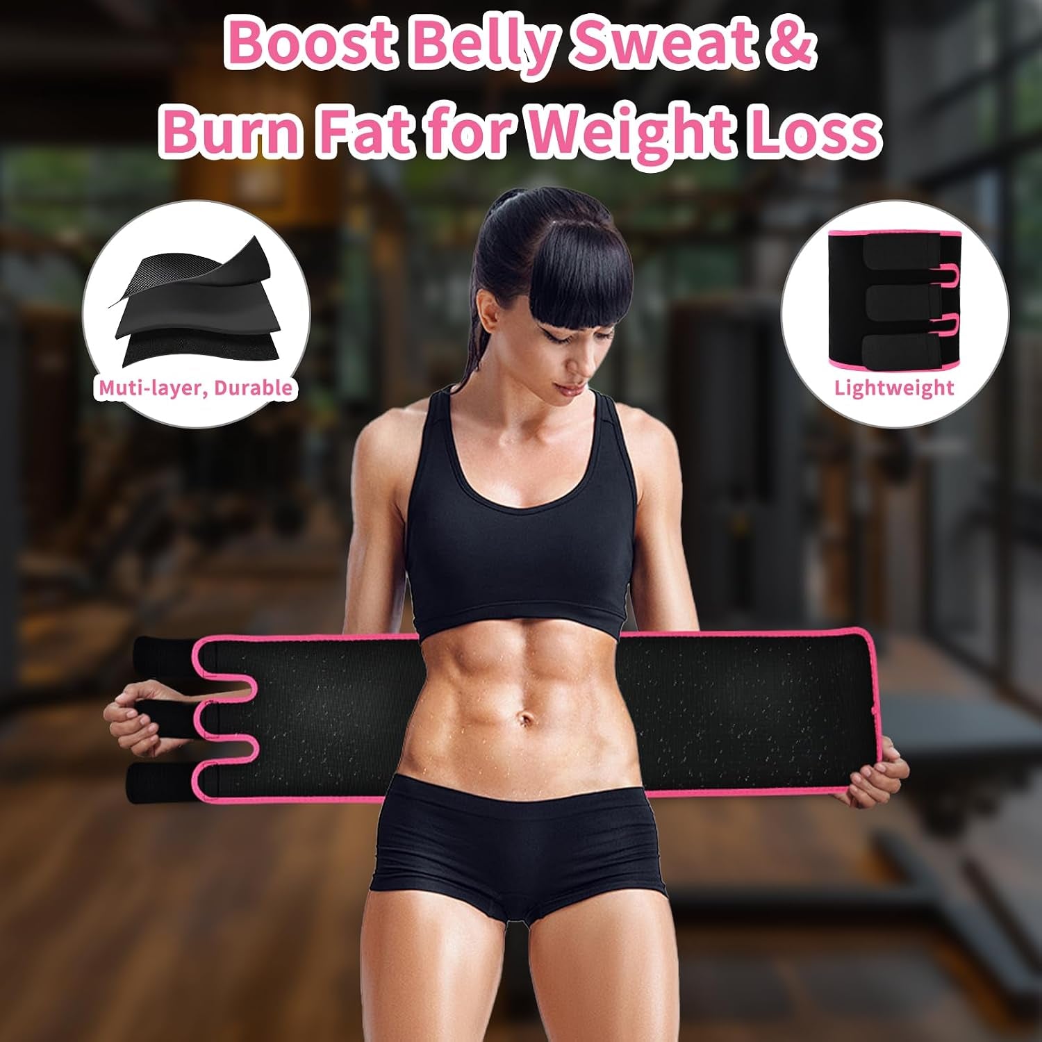 Unisex sweat waist trainer for fat loss in a gym, showcasing a fit person using a waist trimmer for effective workouts.