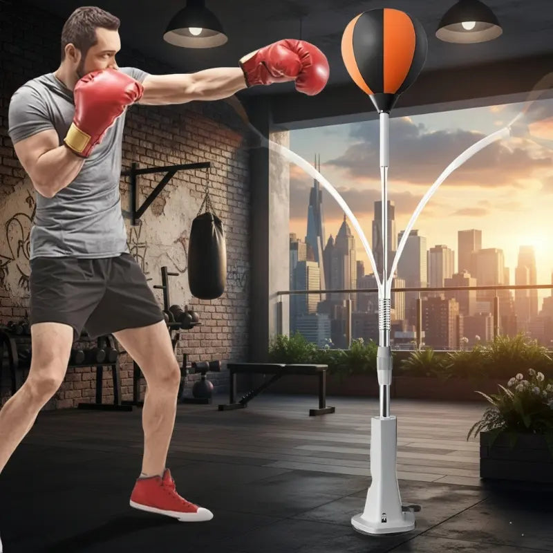 Adjustable boxing reflex ball with suction cup base, steel spring, for home gym training and improving hand-eye coordination.