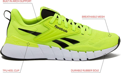 Reebok Nano Gym 1.0 men's athletic workout shoes in black with white accents, featuring breathable mesh and supportive sole.