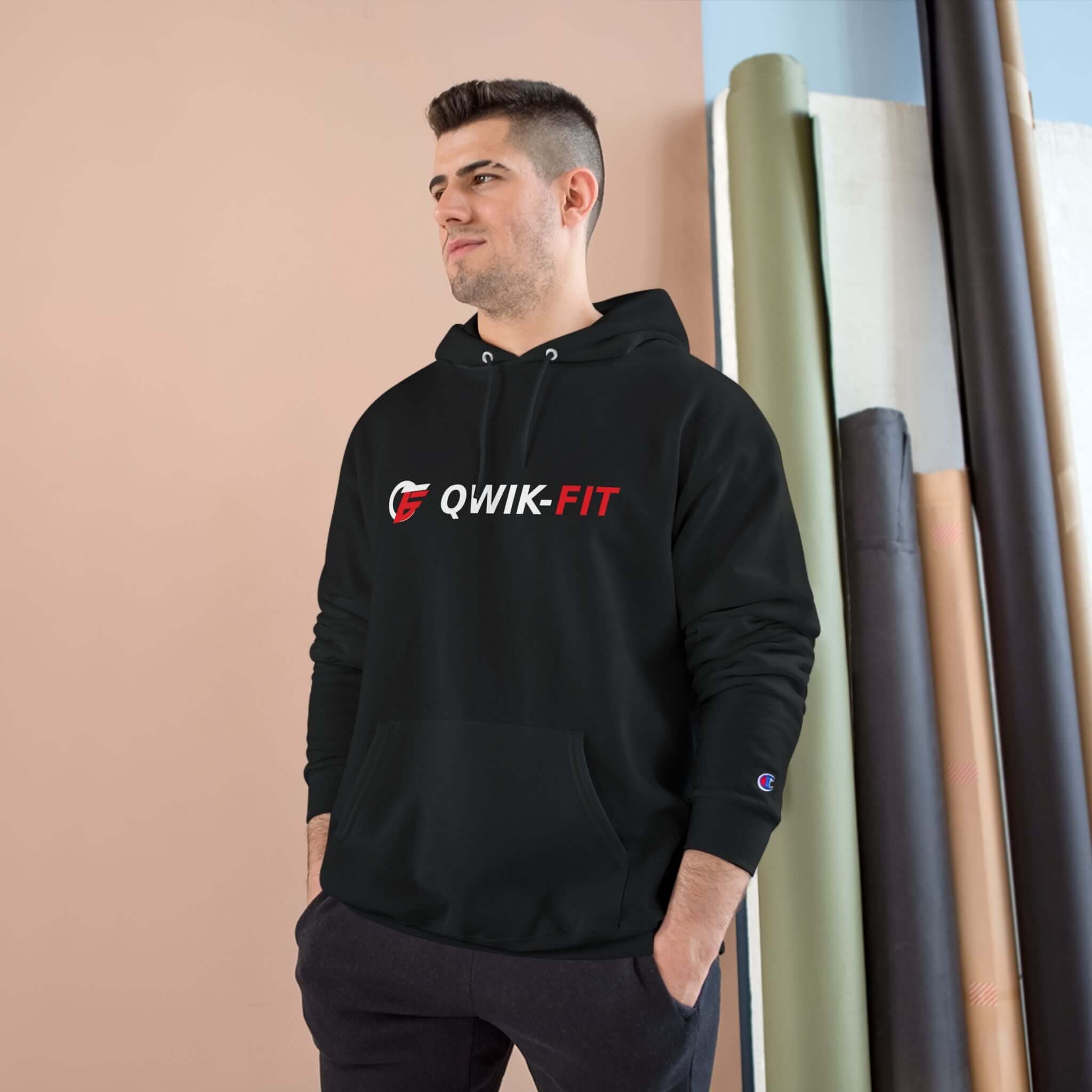 Qwik-Fit Logo Athletic Pullover hoodie in black, perfect for training and casual wear.