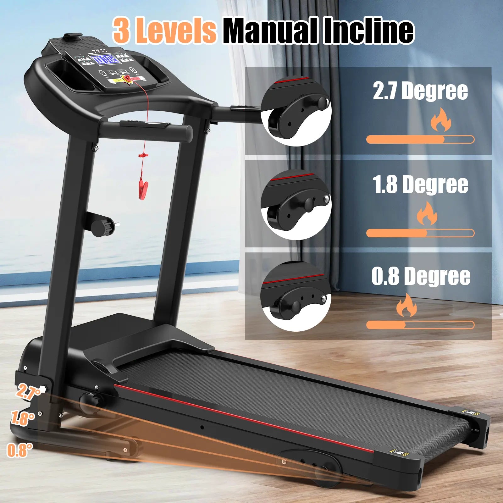 Fitness Essentials GORUN 8.5MPH folding treadmill with 3-level incline, shock-absorbing belt, Bluetooth, compact for home use.