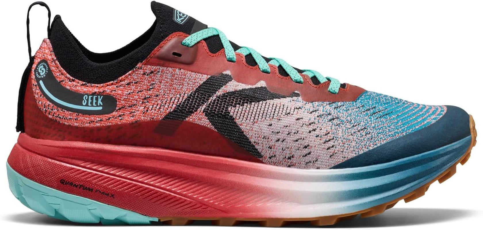 KEEN Seek trail running shoes in gray and black with rugged soles, designed for outdoor running and hiking adventures.