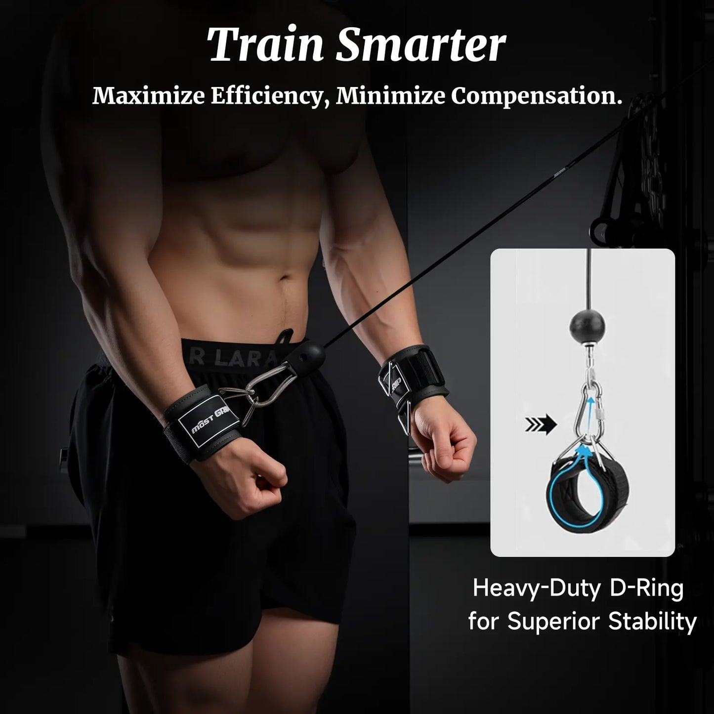 Fitness Essentials MOST GRIP wrist cuffs with neoprene padding and D-ring for weightlifting and cable machine workouts.
