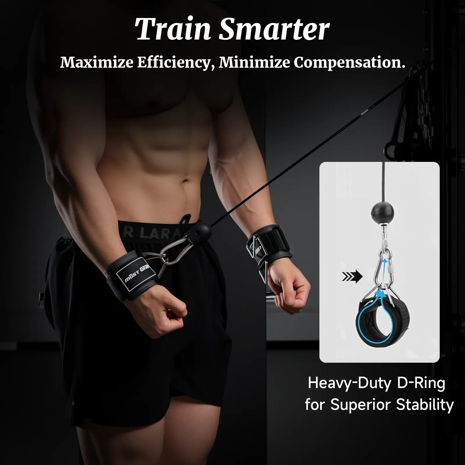 Fitness Essentials MOST GRIP wrist cuffs with neoprene padding and D-ring for weightlifting and cable machine workouts.