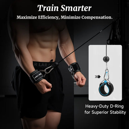 Fitness Essentials MOST GRIP wrist cuffs with neoprene padding and D-ring for weightlifting and cable machine workouts.