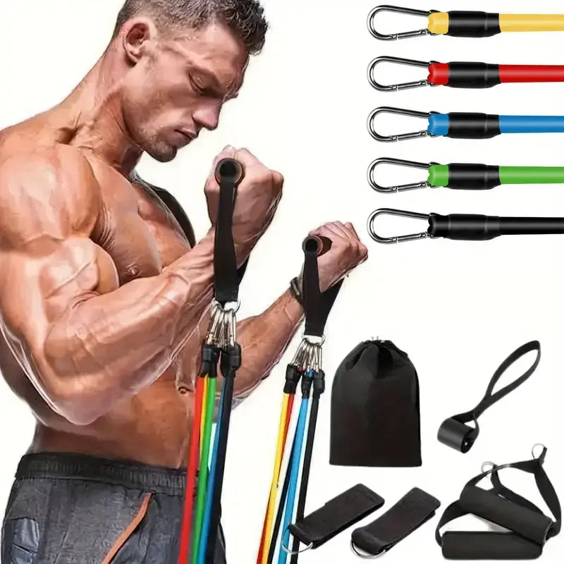 Man demonstrating the 11pcs TPE resistance fitness set for effective strength training at home or gym.