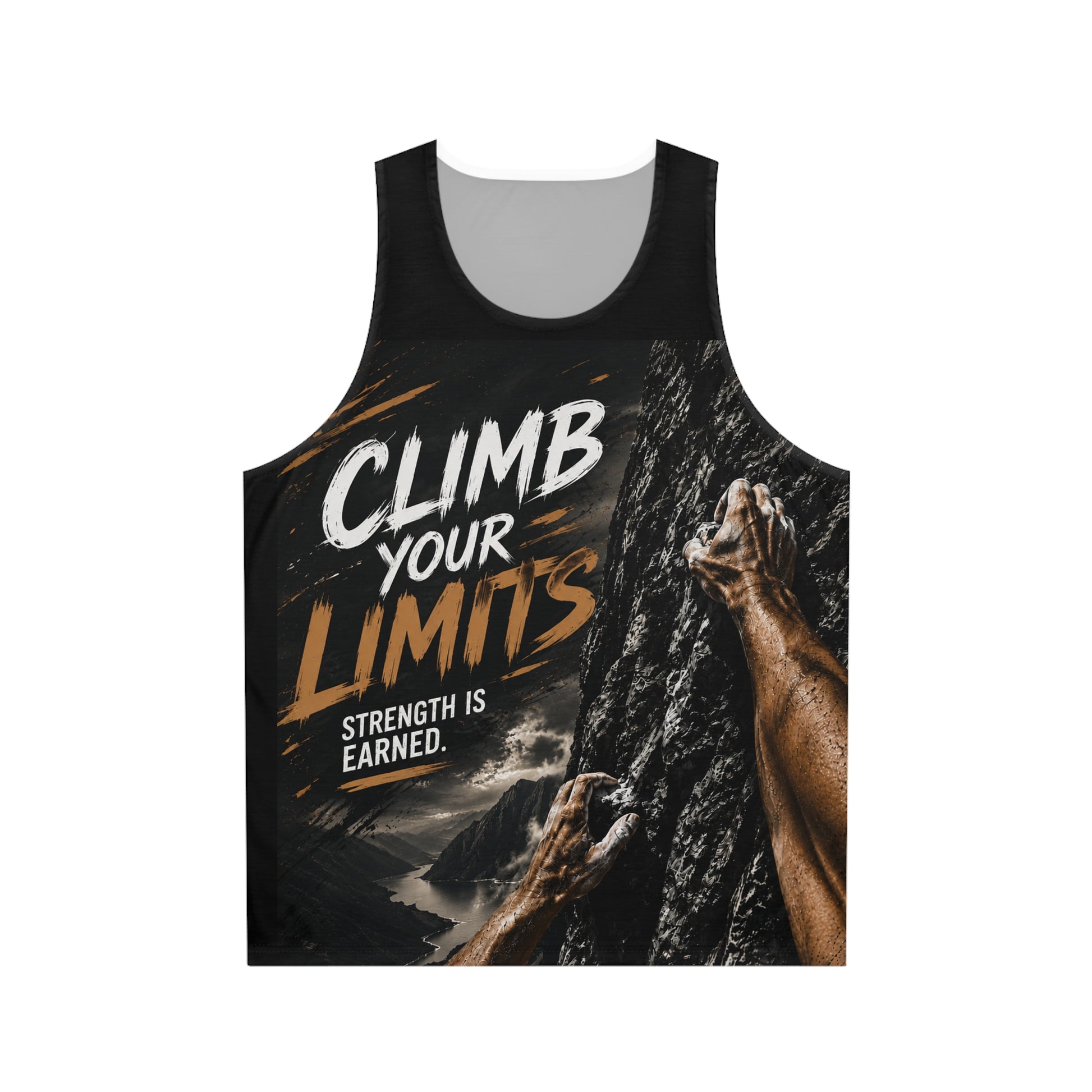 Black recycled polyester tank top featuring motivational text 'Climb your limits' and climbing imagery.