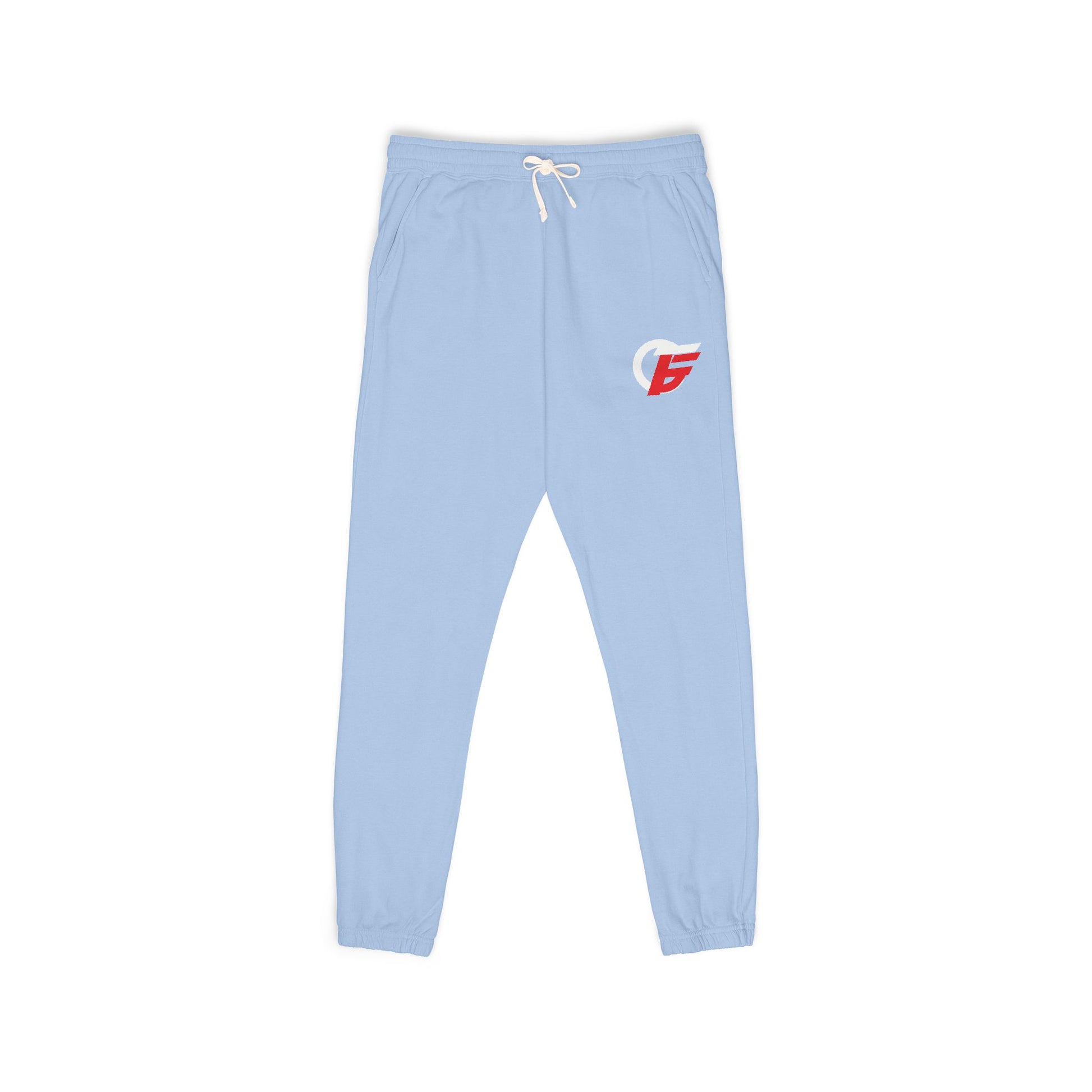 Gray garment-dyed fleece sweatpants with a vertical "Gamer" graphic print, casual trousers from Printify.