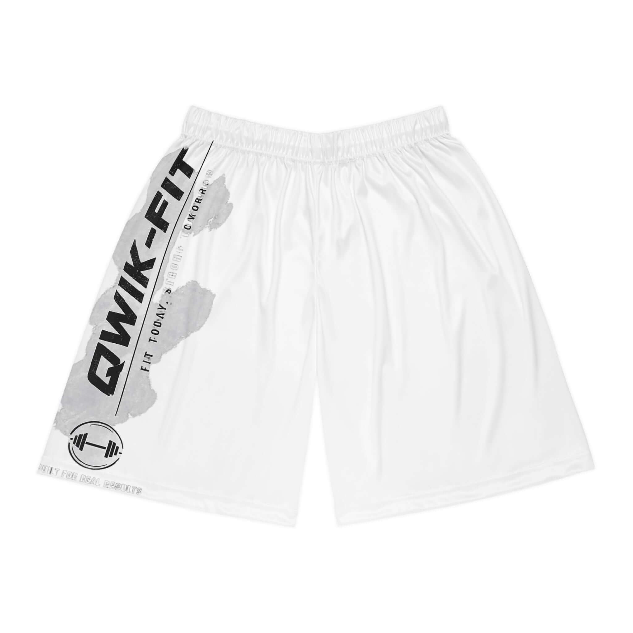 Qwik-Fit moisture-wicking basketball shorts in white, designed for court sessions and workouts.