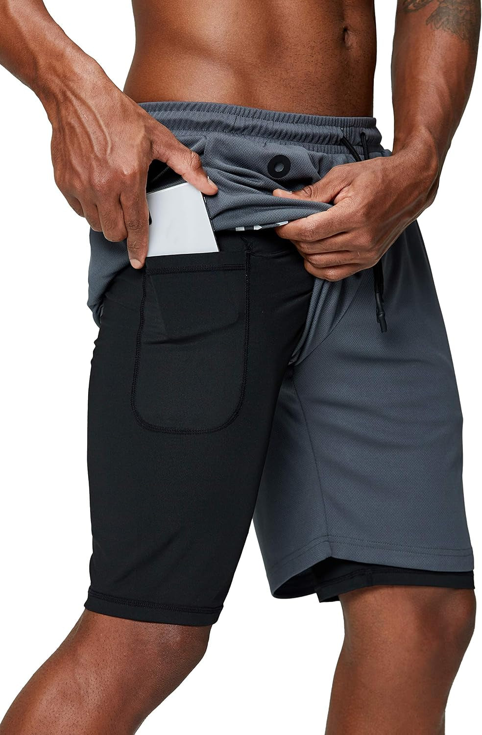 Pinkbomb men's 2-in-1 running shorts with quick-dry fabric and phone pocket, designed for gym workouts and active wear.