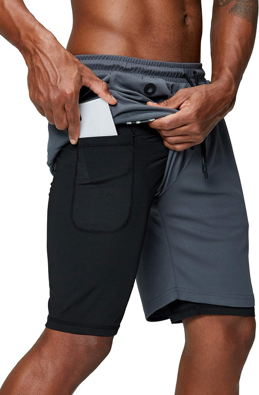 Pinkbomb men's 2-in-1 running shorts with quick-dry fabric and phone pocket, designed for gym workouts and active wear.