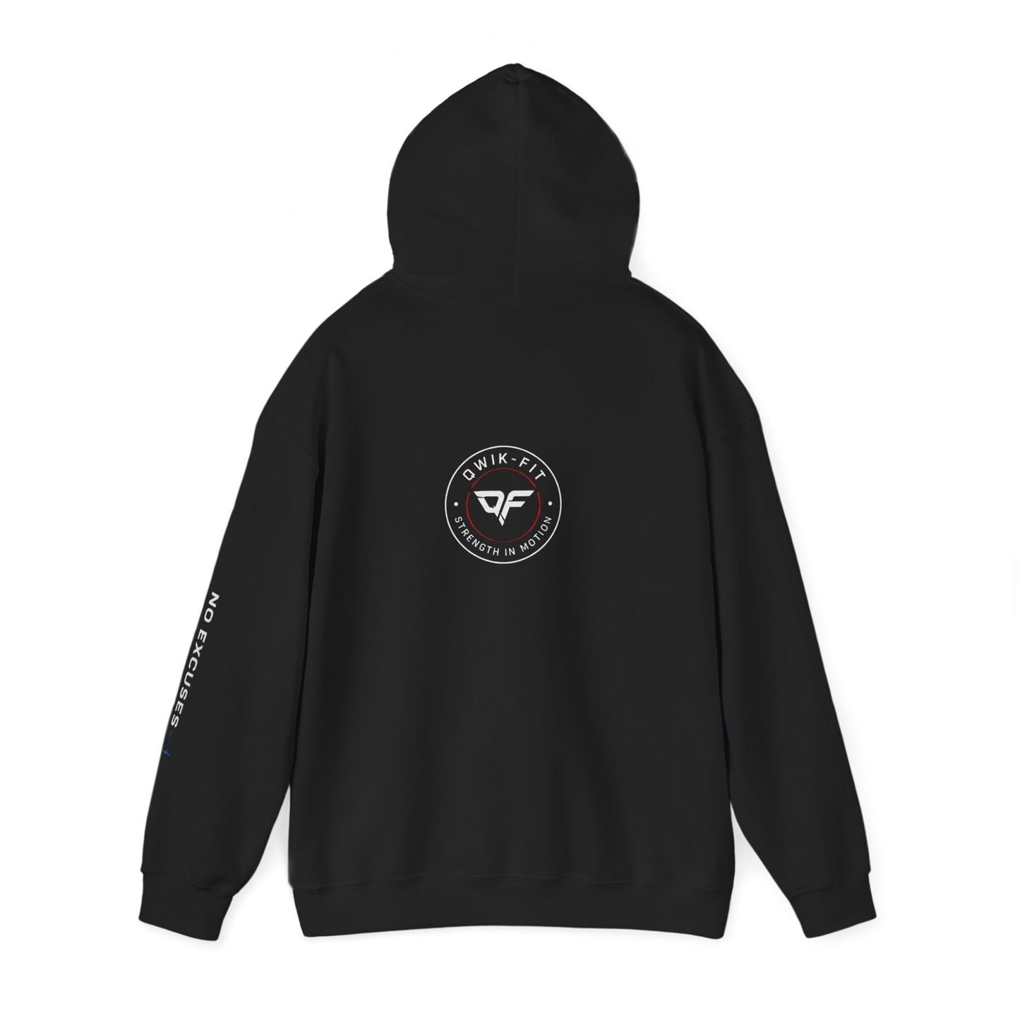 Qwik-Fit Built Different Hoodie back view with logo, motivational gym pullover hoodie with 'No Excuses' sleeve.