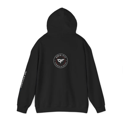 Qwik-Fit Built Different Hoodie back view with logo, motivational gym pullover hoodie with 'No Excuses' sleeve.
