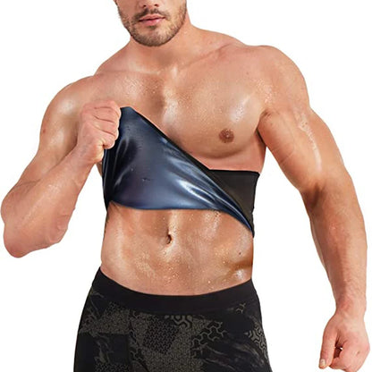 Man wearing a men's sauna vest for weight loss, showcasing his toned abs while sweating during a workout.