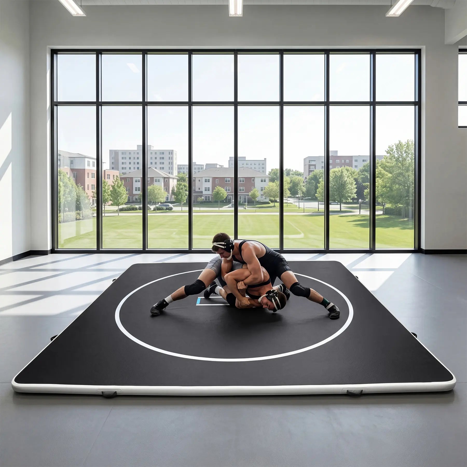 Inflatable wrestling mat in 10ft or 13ft size, 4-inch thick PVC surface with circles, ideal for martial arts, BJJ, MMA, and home use
