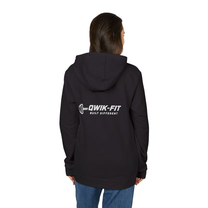 White Adidas hoodie with Qwik-Fit logo, athletic pullover featuring a comfortable fit and casual style.