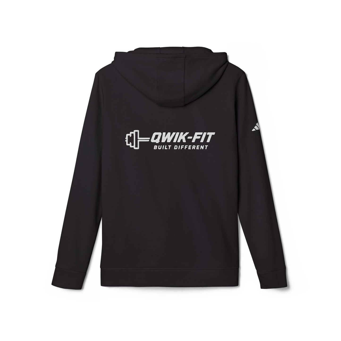 White Adidas hoodie with Qwik-Fit logo athletic pullover, featuring a comfortable fit and casual style.
