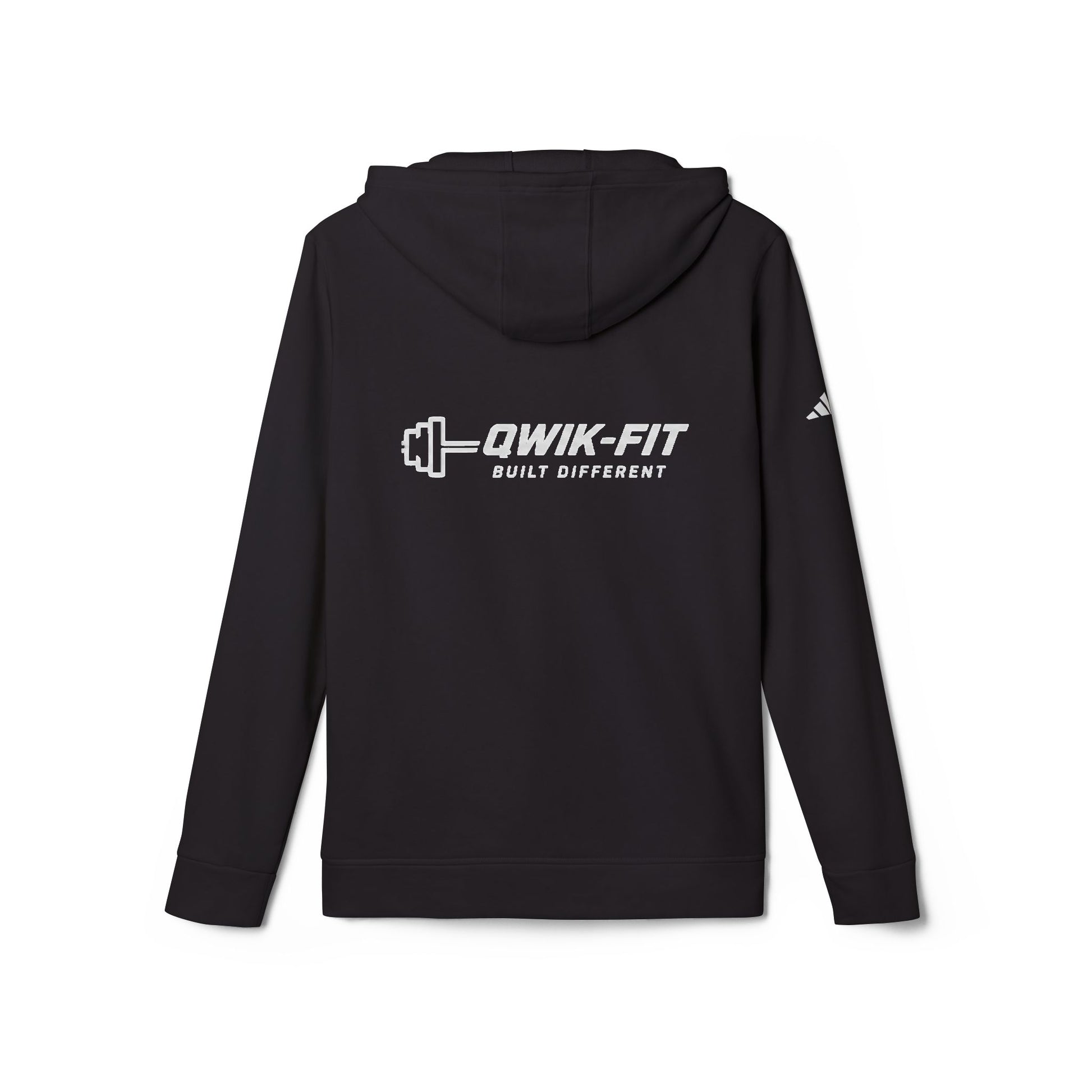 White Adidas hoodie with Qwik-Fit logo athletic pullover, featuring a comfortable fit and casual style.